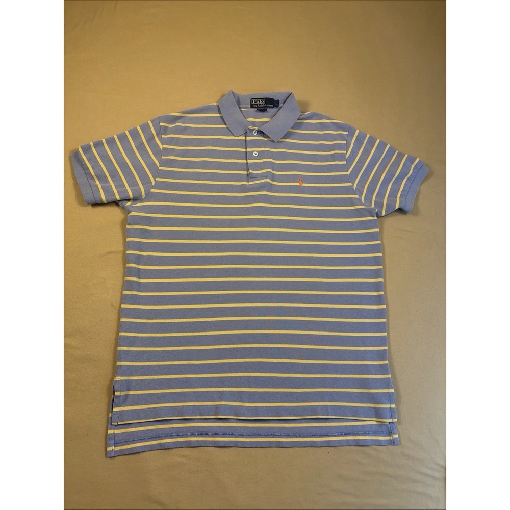 VINTAGE Polo Ralph Lauren Men's Shirt Large Blue Yellow White Stripe 100% Cotton